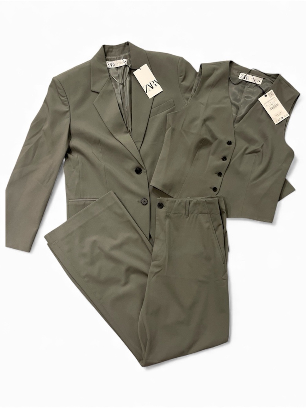 Women’s Zara 3 Piece Suit Olive Green Three-Piece Suit Set